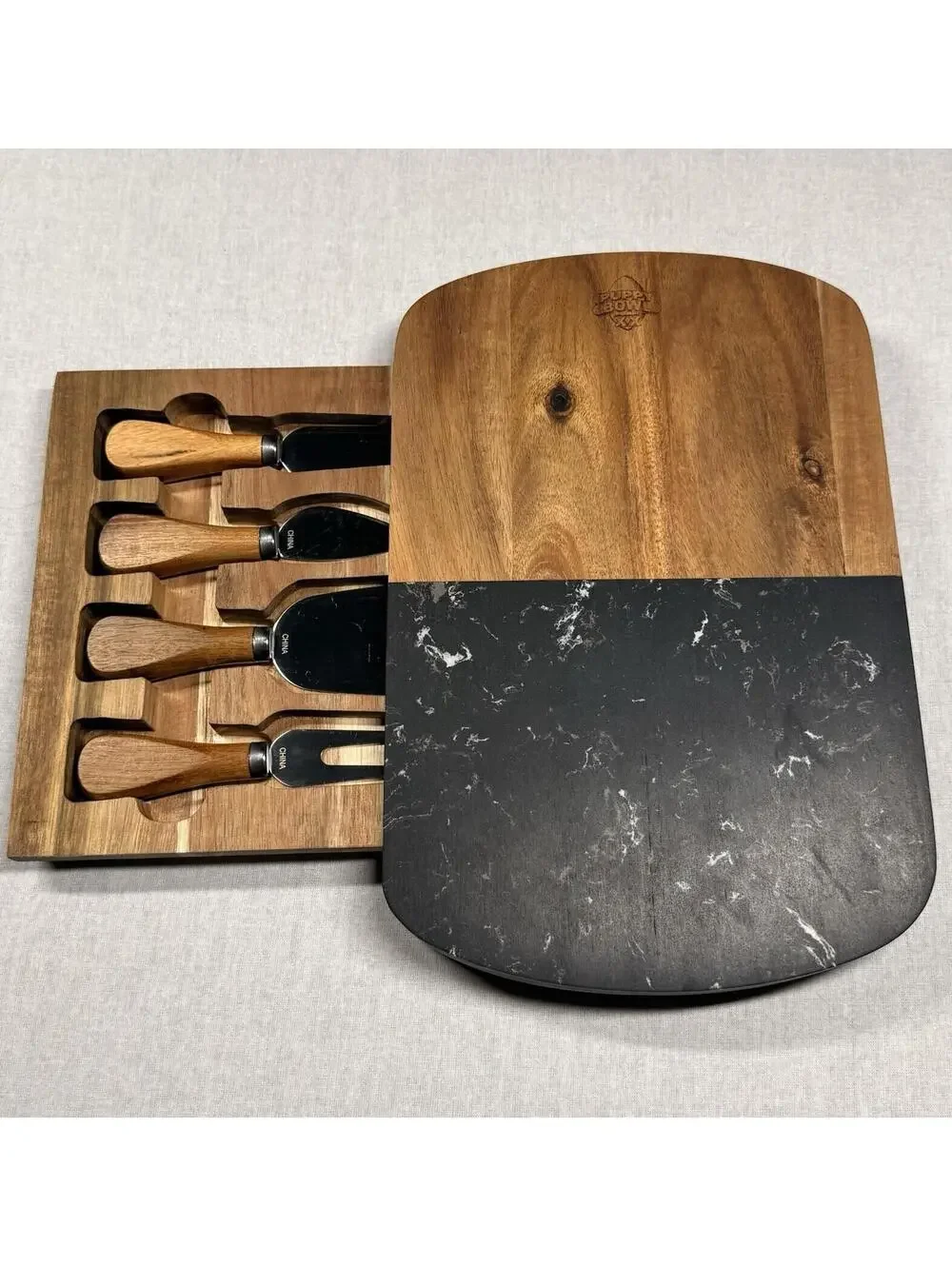 Puppy Bowl Black Marble And Wood‎ Charcuterie Cheese Board Set 4 Piece Utensils